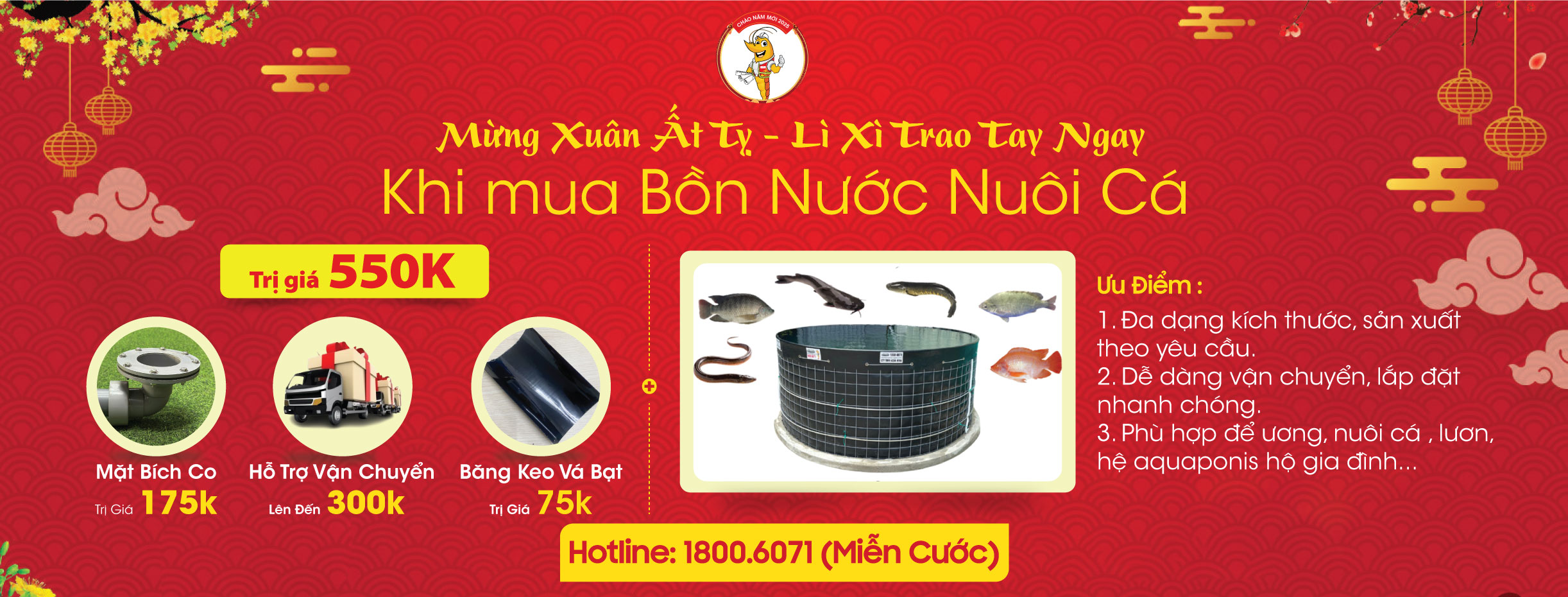 Aqua Mina lì xì đầu năm dành cho khách hàng khi mua Bồn nước nuôi cá tặng mặt bích co + Miễn phí vận chuyển 300k/ bộ